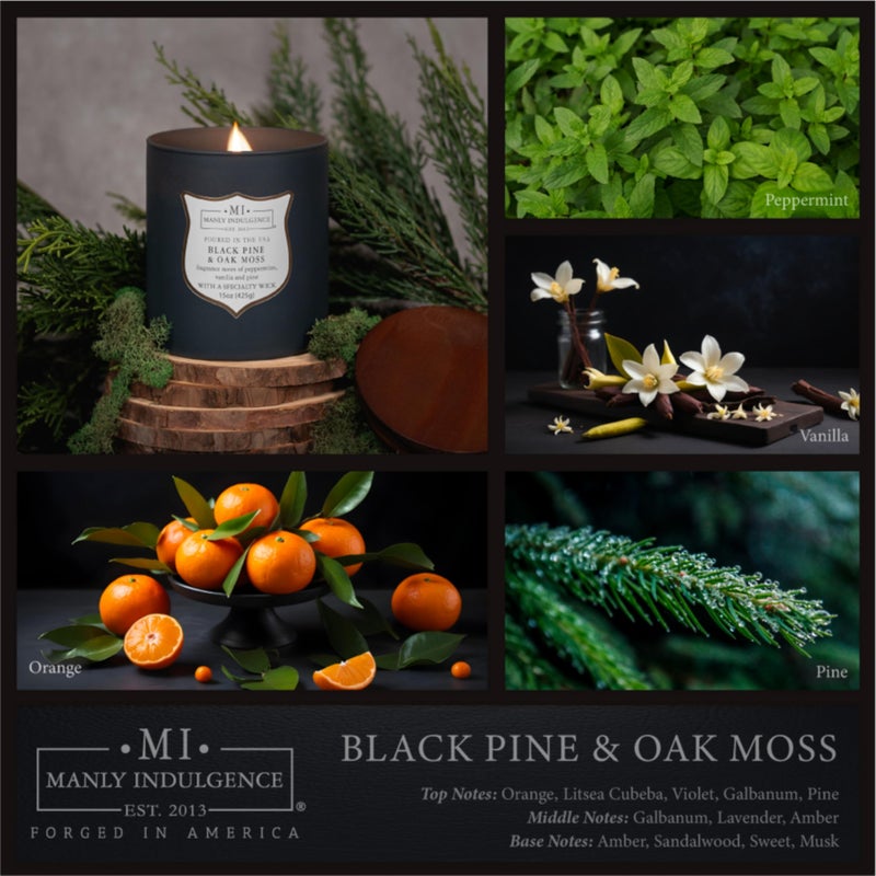 Manly Indulgence Black Pine Oakmoss Scented Candles for Men, 15 oz Wooden Wick, Premium Soy Blend Wax, 60H Burn, Candles for Home Scented - Made in The USA - Image 2